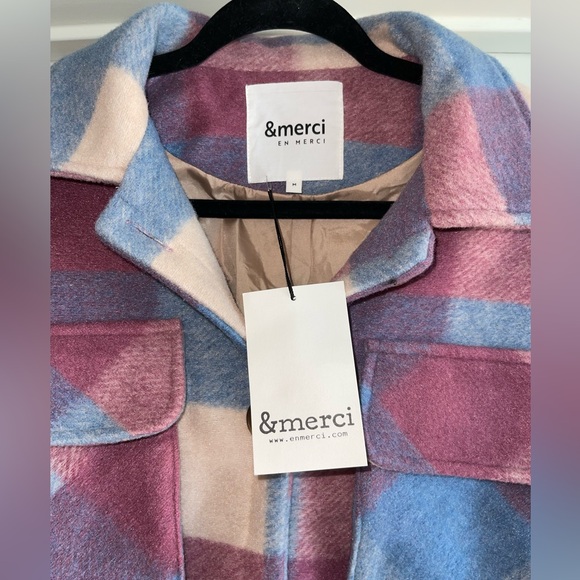 NWT Medium Pink Blue Cream &merci En Merci Plaid Shacket Jacket - Picture 2 of 6